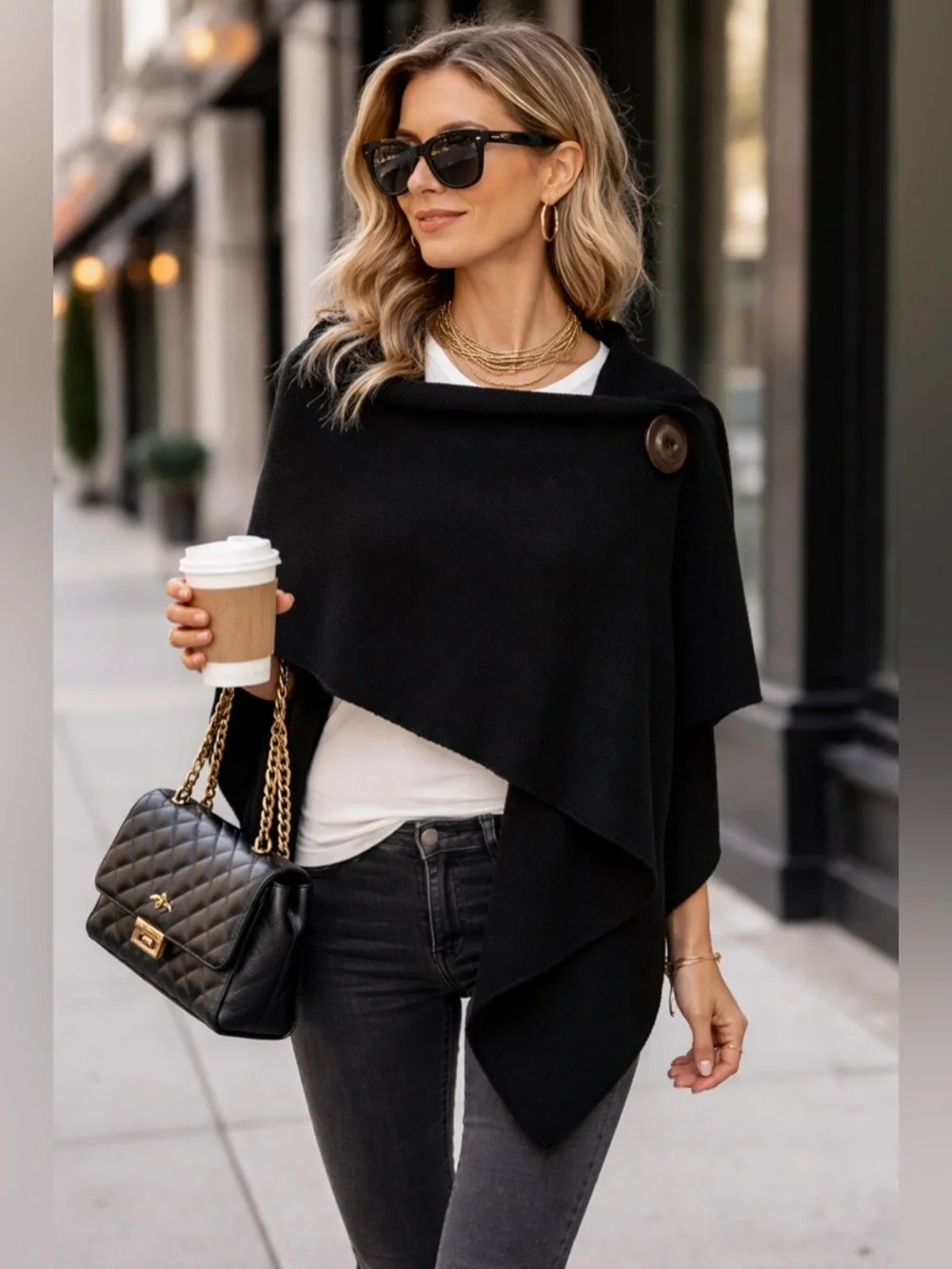 Women's 2 Large Buttons Black Acrylic Sweater Knit Shawl Scarf